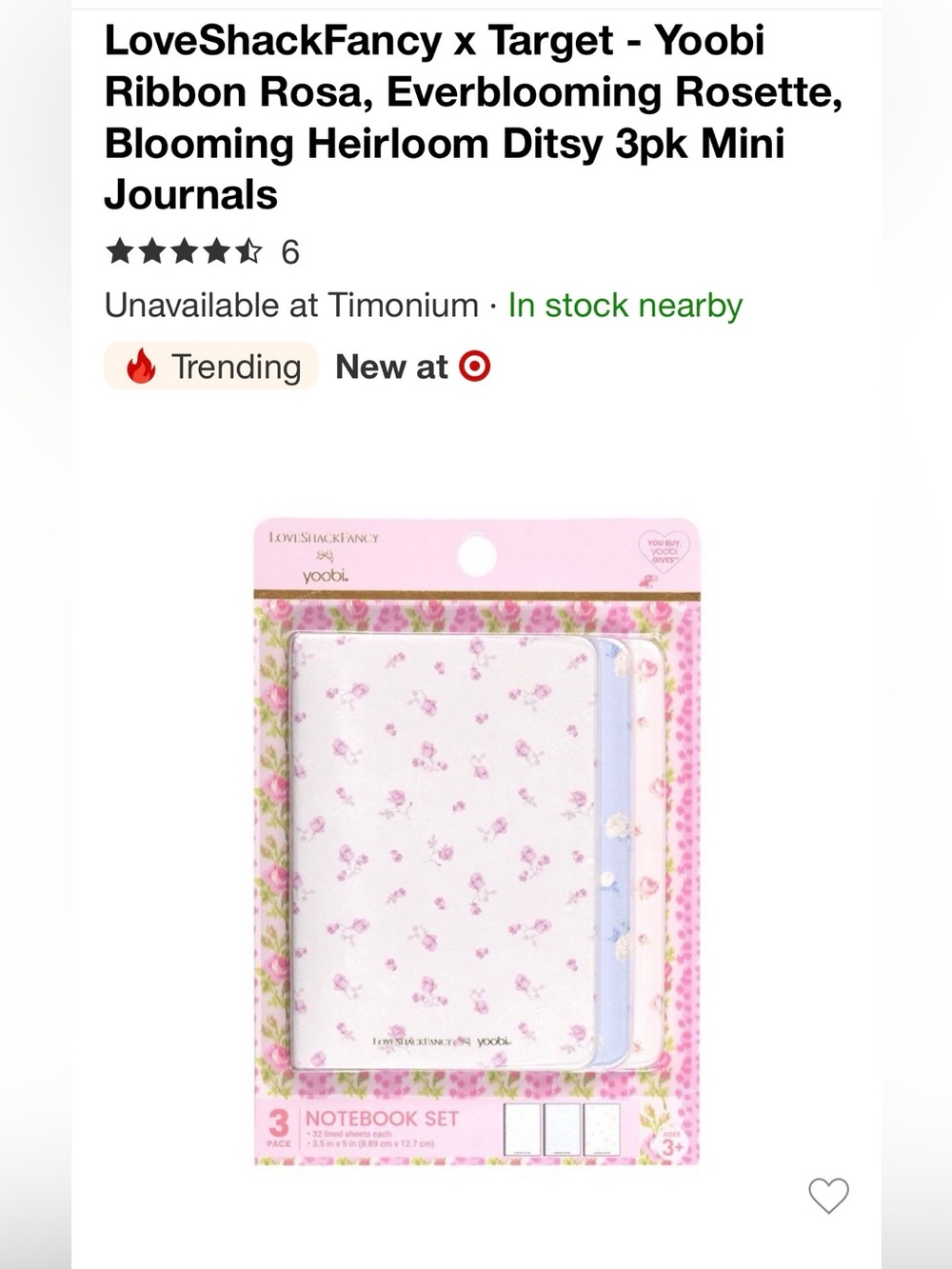 LoveShackFancy x Target Yoobi White and Pink Floral 3 Mini Journal Notebook Set